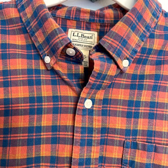 L.L. BEAN Mens Shirt Heavy 100% Cotton Plaid Slightly Fitted Blue Orange Size LG - Picture 5 of 10
